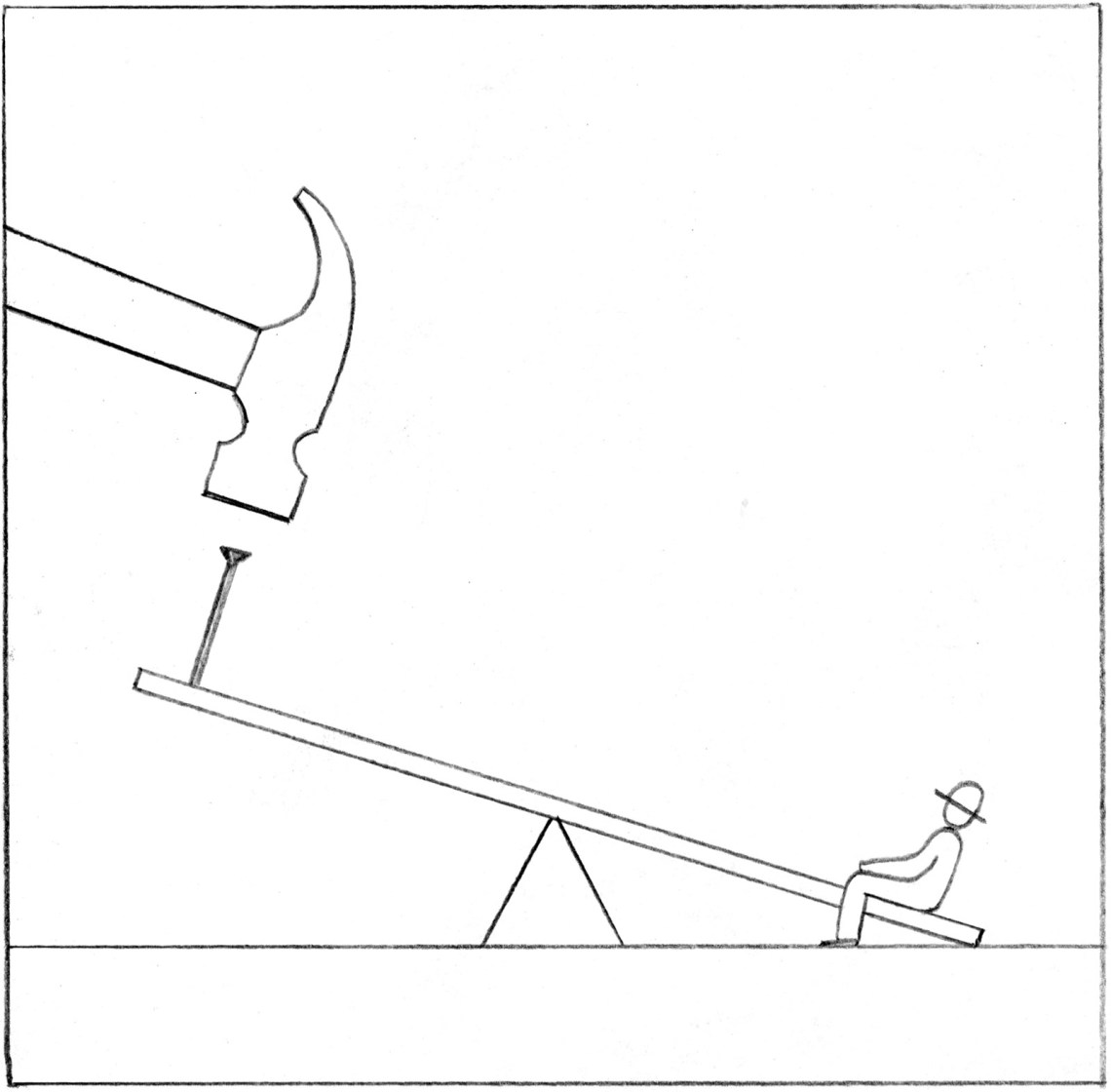 Seesaw with a person on one end and a hammer about to hit a nail on the other