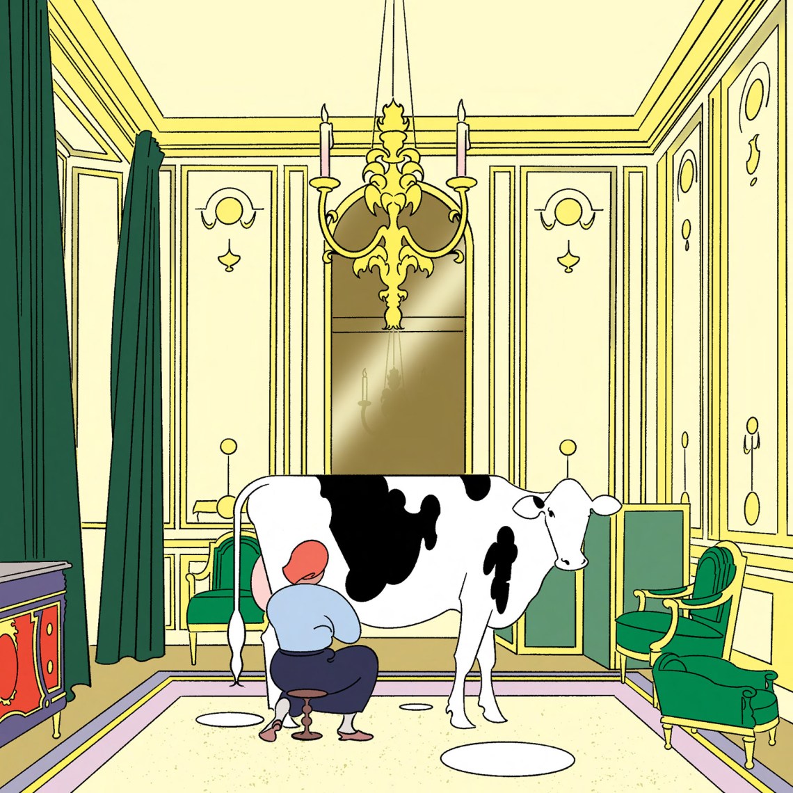 A woman milking a cow in an elegant living room