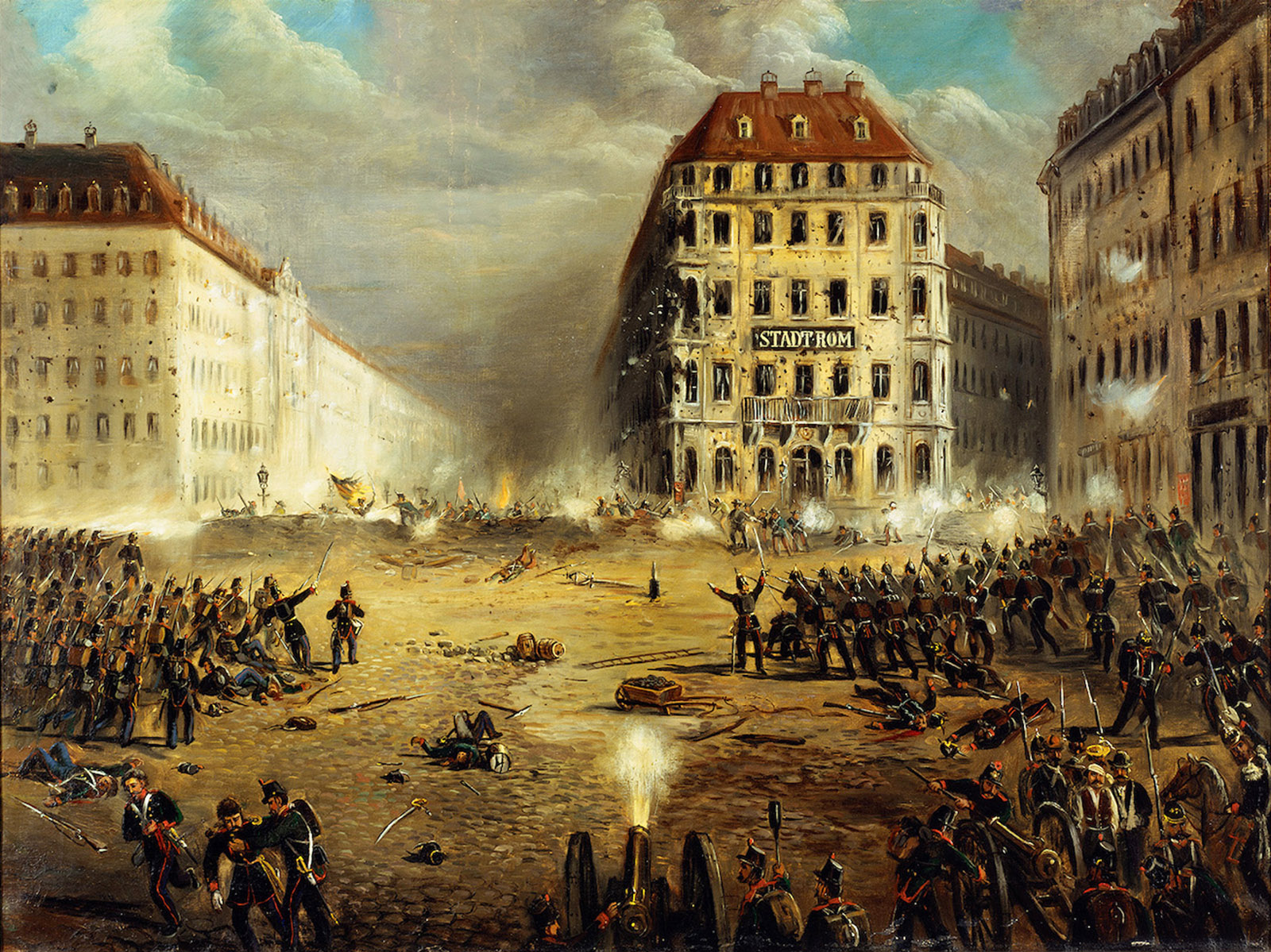 Saxon and Prussian troops attacking the barricades at Dresden’s Neumarkt