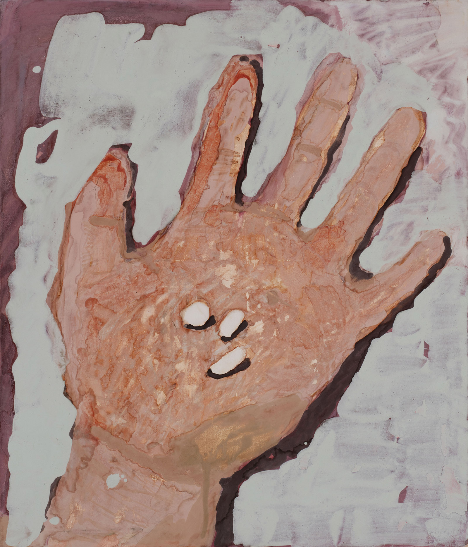 Painting of a hand holding three white pills
