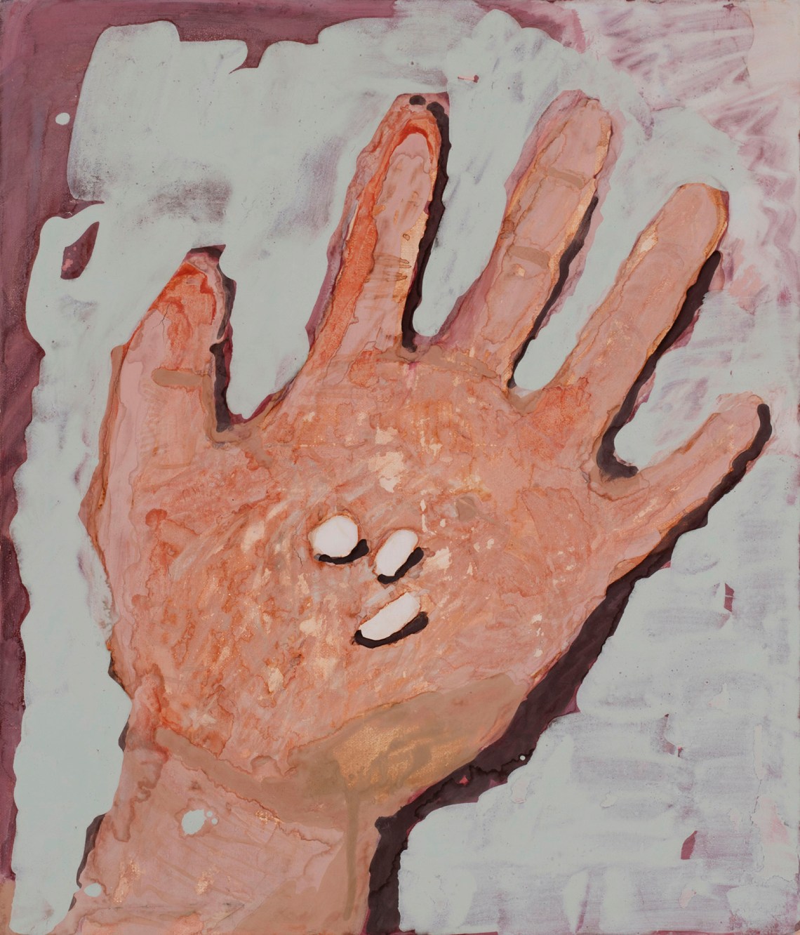 Painting of a hand holding three white pills