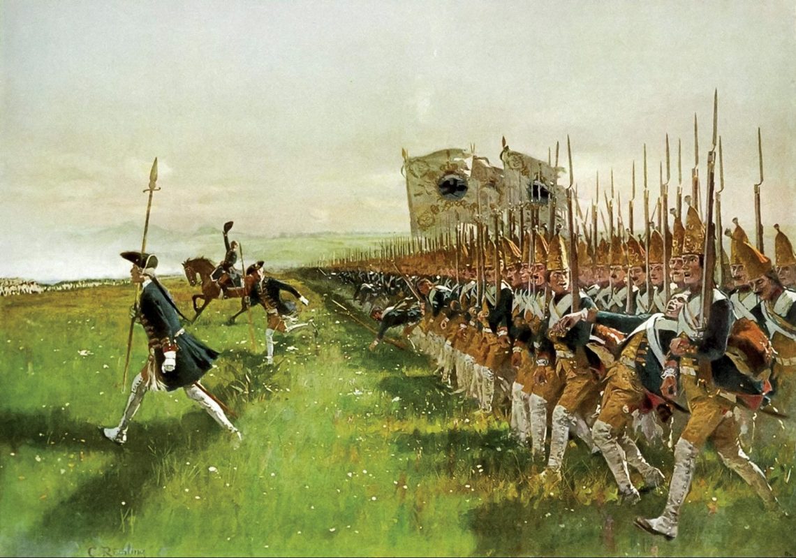 Prussian infantry advancing against the Austrian army during the Battle of Hohenfriedeberg; painting by Carl Röchling