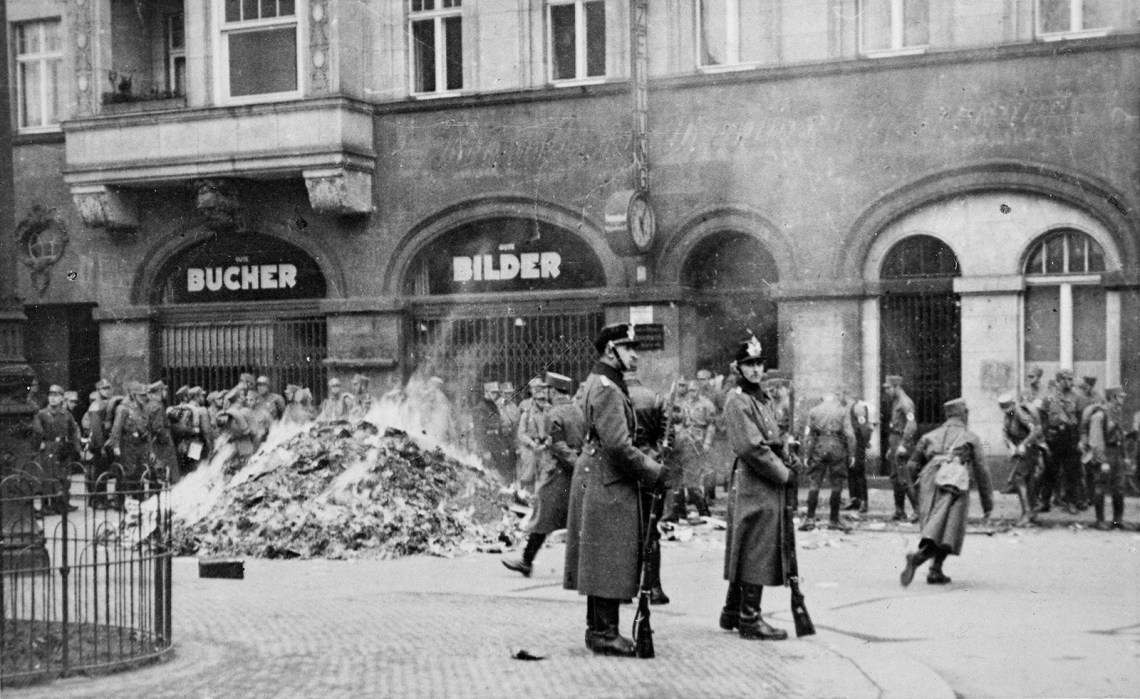 A book burning after SA troops stormed the offices of the Dresdner Volkszeitung