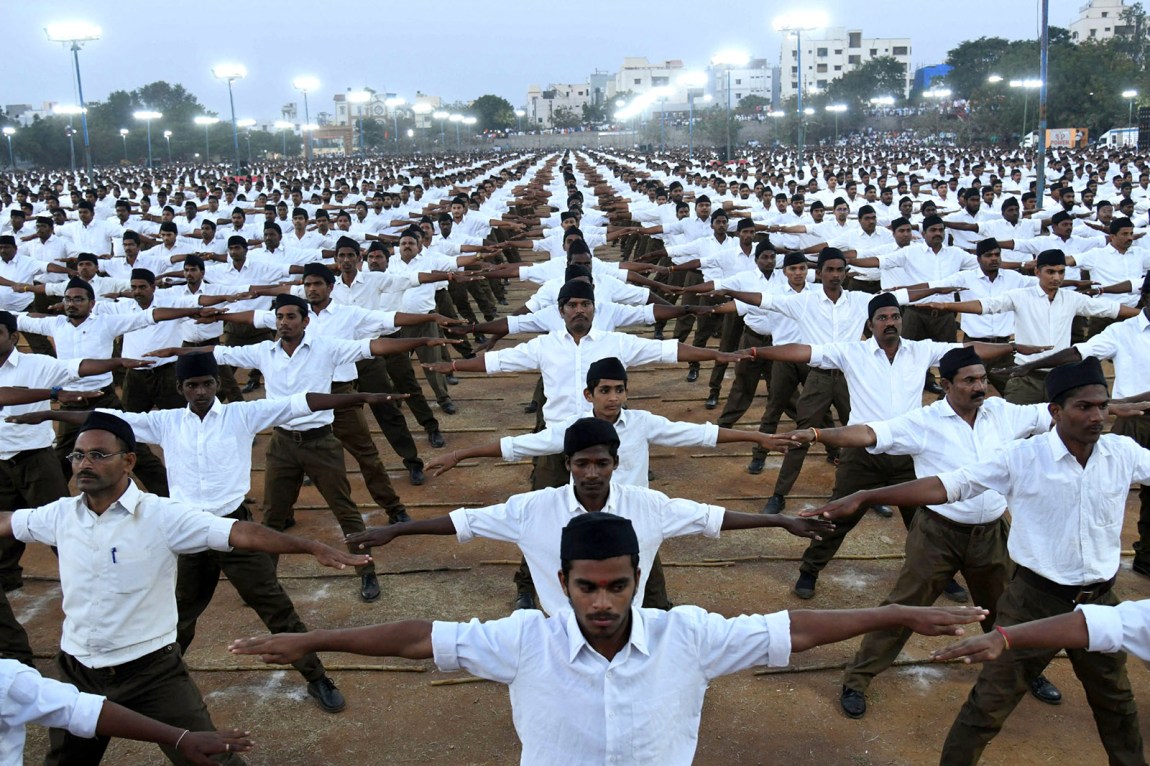 Members of the Hindu nationalist paramilitary group RSS rallying in support of India’s 2019 Citizenship Amendment Bill