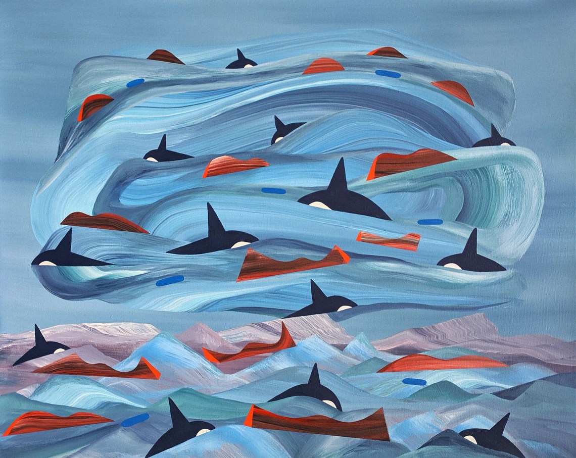 Painting of whales swimming in blue waves
