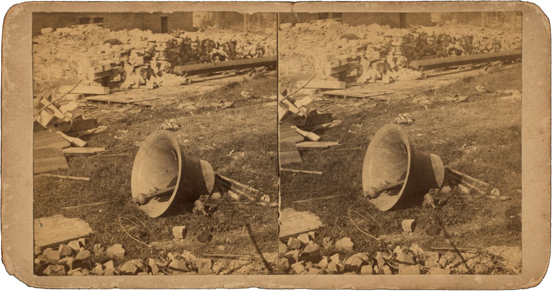 Stereograph of damage from a tornado at Grinnell College