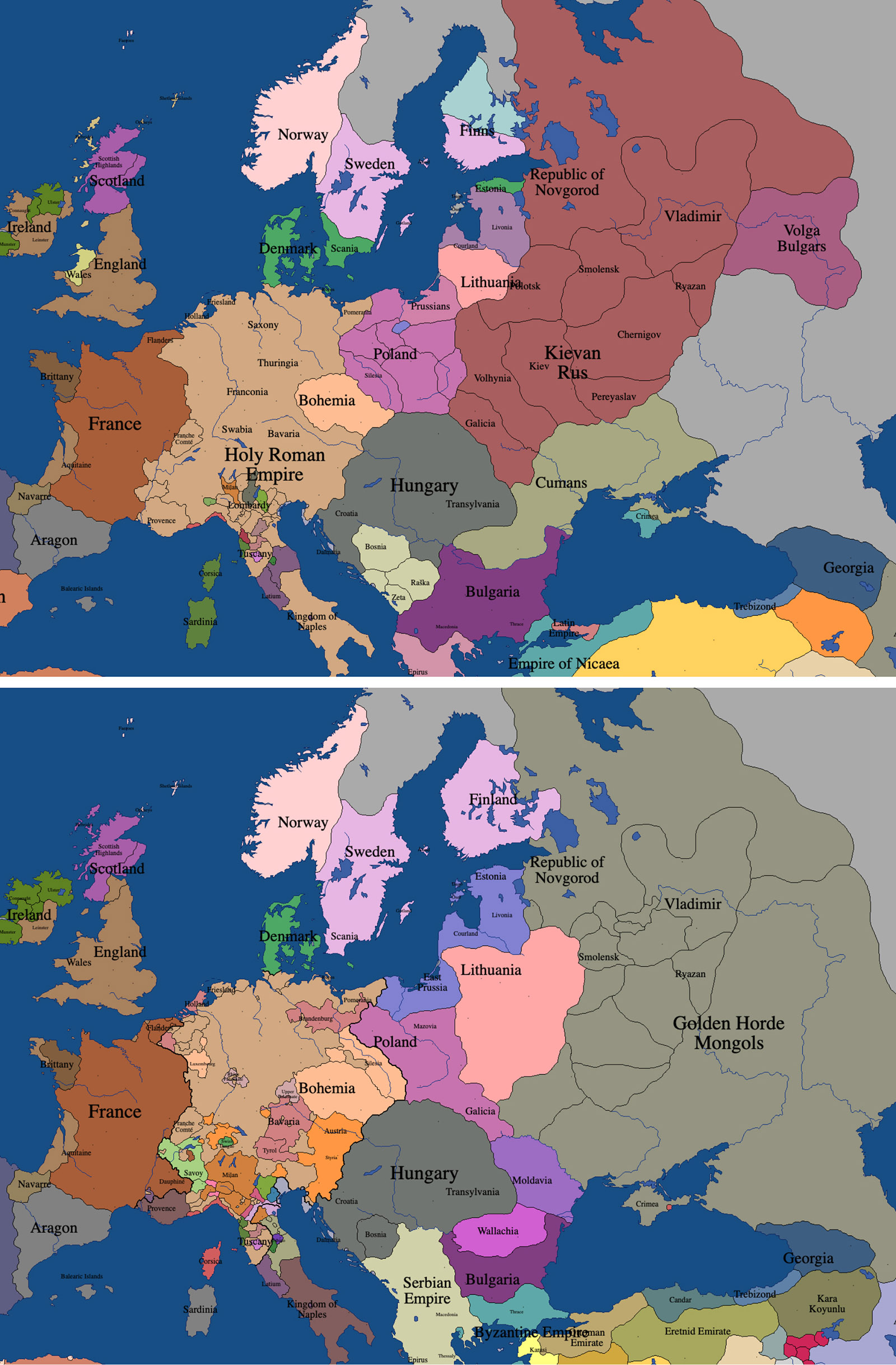 Maps of eastern Europe in 1236 and 1350