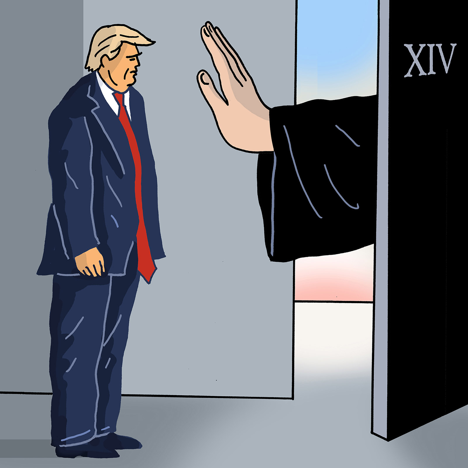 An outstretched hand stops Trump from passing through a door with XIV on it