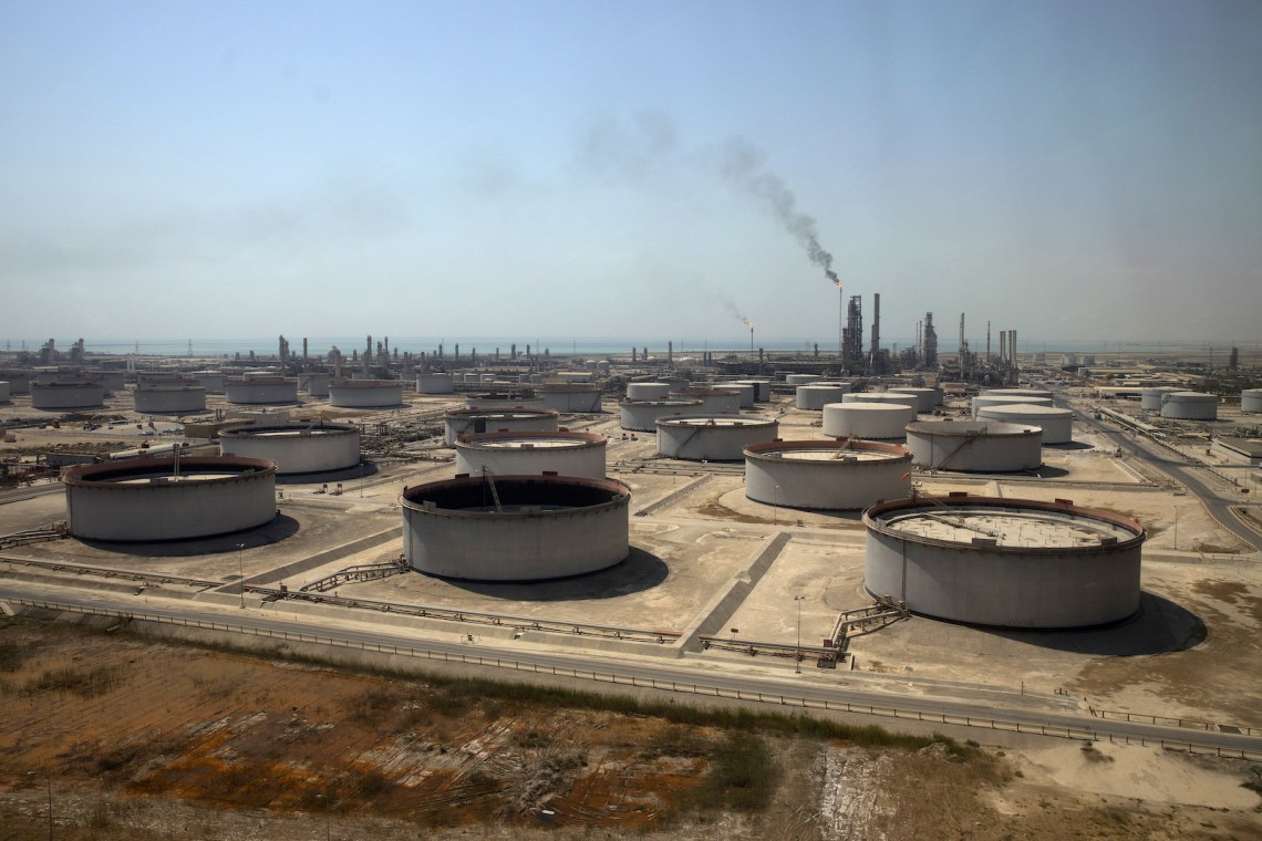 Crude oil storage tanks at Saudi Aramco’s Ras Tanura refinery and terminal