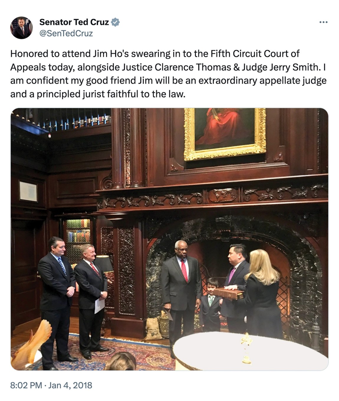 A tweet by Senator Ted Cruz of Texas showing James Ho being sworn in as a judge of the Fifth Circuit Court of Appeals at the home of the billionaire Harlan Crow