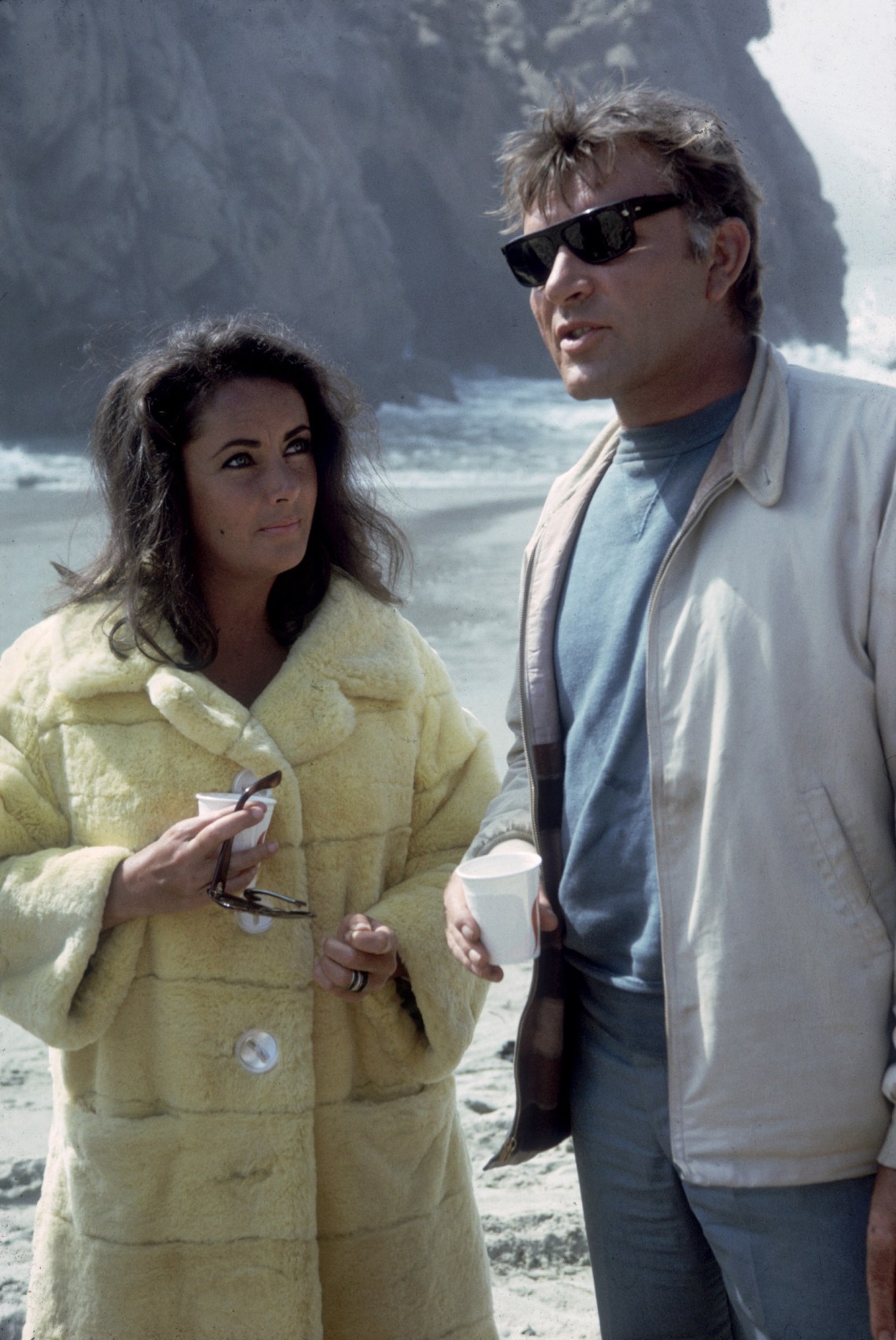 Elizabeth Taylor and Richard Burton during the filming of The Sandpiper, Big Sur, California