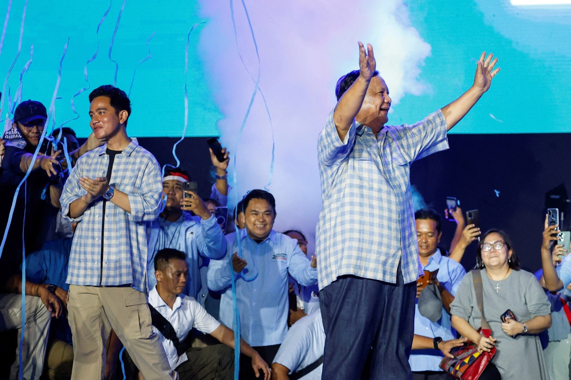Prabowo Subianto and Gibran Rakabuming Raka celebrating their electoral victory, Jakarta