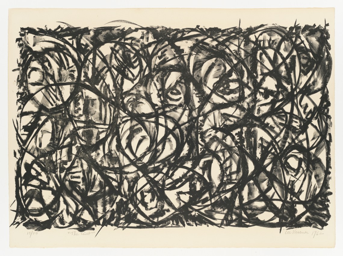 Abstract black and white painting, with a mass of swirling lines