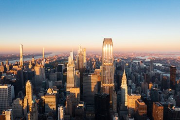 A digital north-facing rendering of Manhattan showing 175 Park Avenue